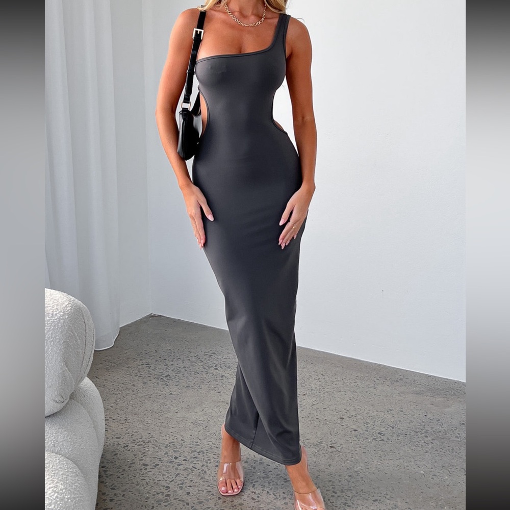 White Fox Midnight Dancing One Shoulder Maxi Dress Charcoal